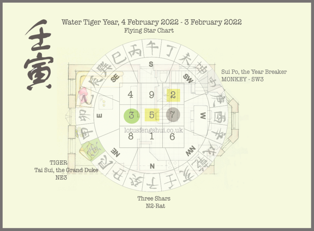 Diagram showing placement of flying stars in 2022, Water Tiger year.